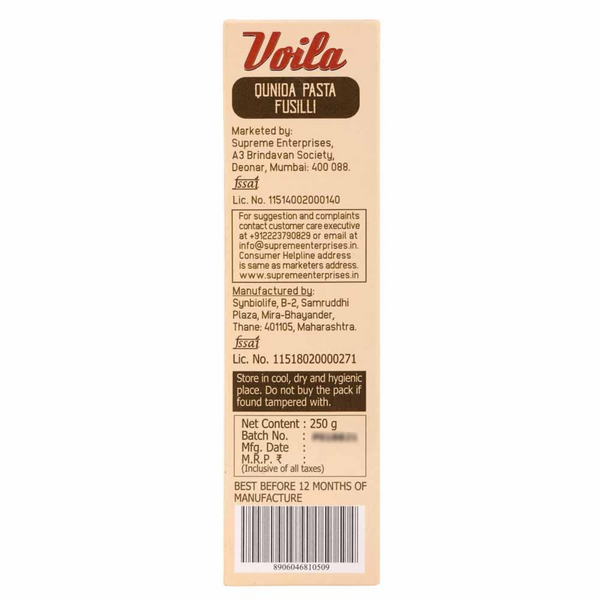 Voila Quinoa Fusilli Pasta (Gluten Free) - 250g Manufacturing Information 