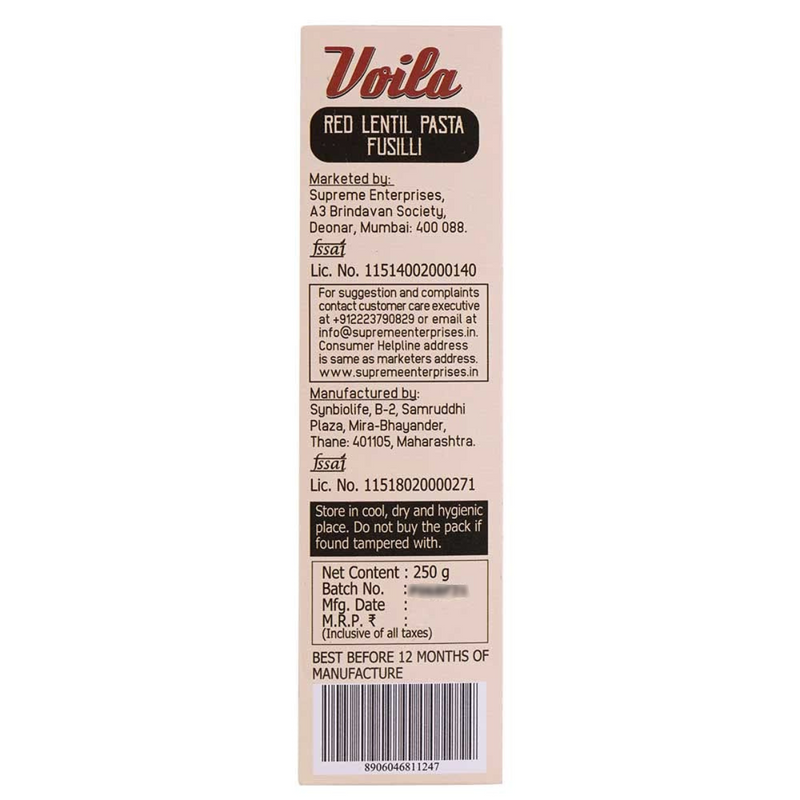 Voila Red Lentil Fusilli Pasta (Gluten Free) - 250g Manufacturing Information