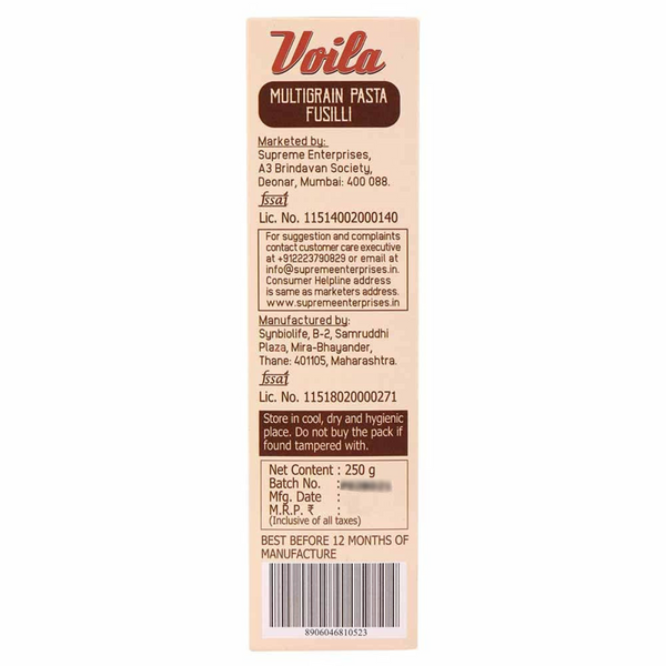 Voila Multigrain Fusilli Pasta (Gluten Free)- 250g Manufacturing Information