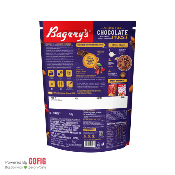 Bagrrys Chocolate Muesli – Chocolate, Cranberries, Quinoa (750 g)