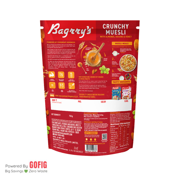 Bagrrys Crunchy Muesli - Almonds, Raisins & Honey (750 g)