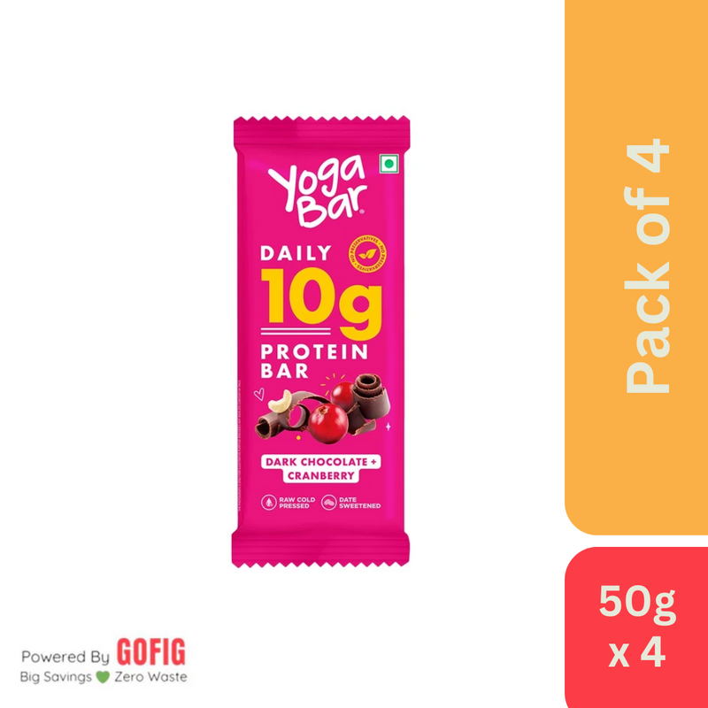 Yoga Bar 10g Protein Bar Dark Chocolate + Cranberry (50 g) - Pack of 4