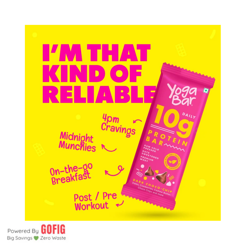 Yoga Bar 10g Protein Bar Dark Chocolate + Cranberry (50 g) - Pack of 4
