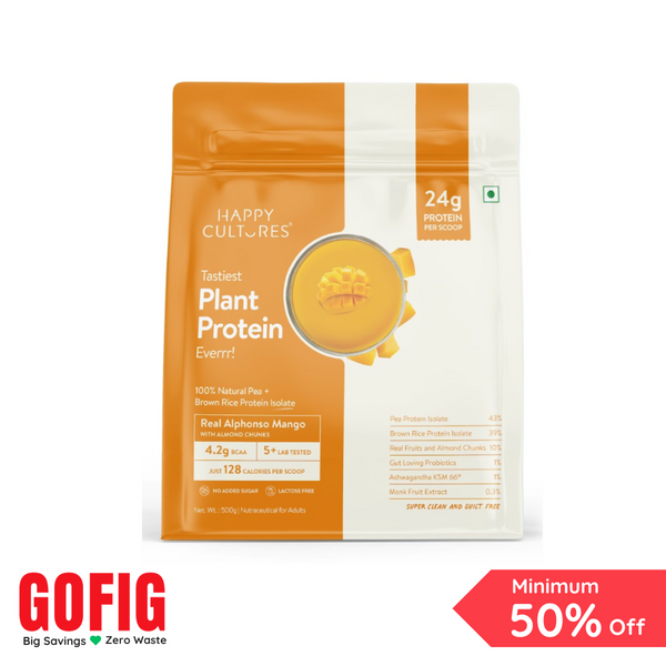 Happy Cultures Alphonso Mango Plant Protein 24Gm Protein | Pea & Brown Rice Protein, Ahswagandha KSM66 Pouch (500 g)
