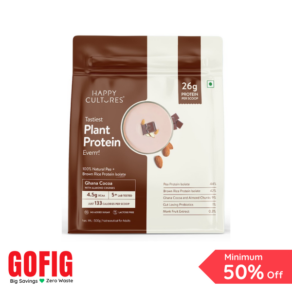Happy Cultures Chocolate (Ghana Cocoa) Plant Protein 26Gm Protein | Pea & Brown Rice Protein Pouch (500 g)