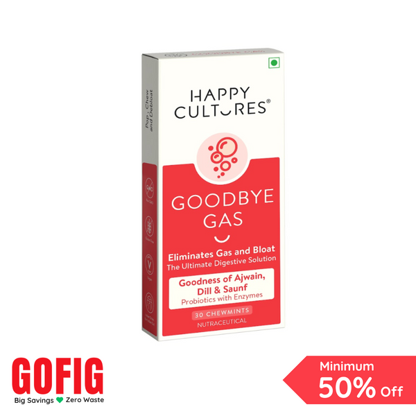 Happy Cultures Goodbye Gas | Helps in Gas & Bloating | Digestive enzymes,Probiotics, Ajwain and Saunf | 30 Chewmints (40 g)