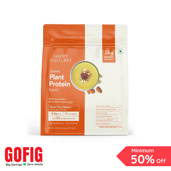 Happy Cultures Kesar Badam Pista Plant Protein 26Gm Protein | Pea & Brown Rice Protein, Ashwagandha KSM66 Pouch (500 g)