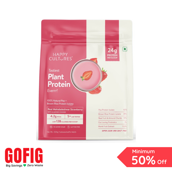 Happy Cultures Strawberry with Almond Plant Protein 24Gm Protein | Pea & Brown Rice Protein Pouch (500 g)