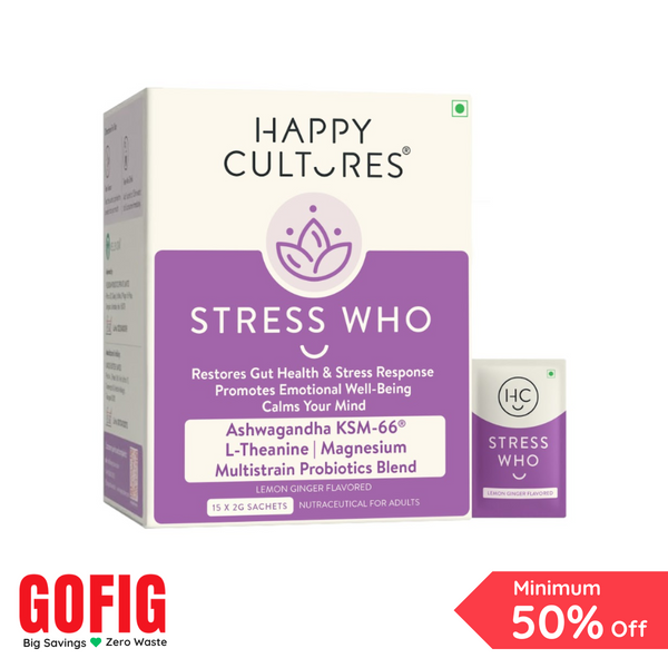 Happy Cultures Stress Who | Stress Response & Sound Sleep | Ashwagandha KSM 66 & L-Theanine | 15 sachets (40 g)