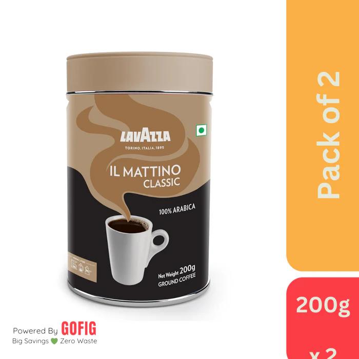 Lavazza Mattino Classic Pure Ground Coffee Premium Arabica Medium Roast 200g Tin - Pack of 2