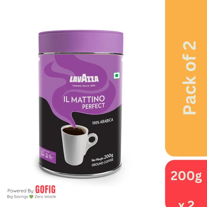 Lavazza Mattino Perfect Pure Ground Coffee Premium Arabica Dark Roast 200g Tin - Pack of 2
