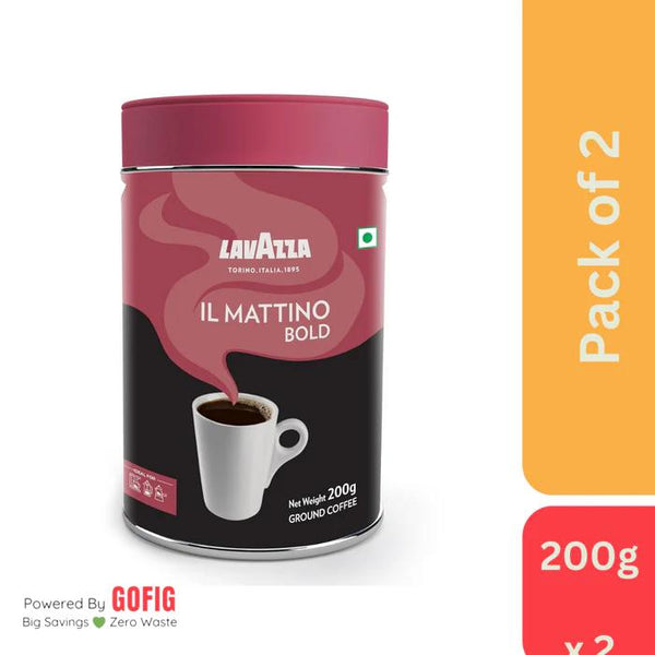 Lavazza Mattino Bold Pure Ground Coffee Blend of Arabica & Robusta Medium Roast 200g Tin - Pack of 2