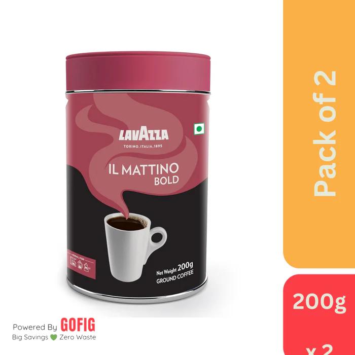 Lavazza Mattino Bold Pure Ground Coffee Blend of Arabica & Robusta Medium Roast 200g Tin - Pack of 2