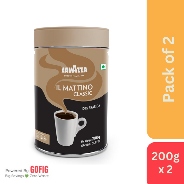 Lavazza Mattino Classic Pure Ground Coffee Premium Arabica Medium Roast 200g Tin - Pack of 2