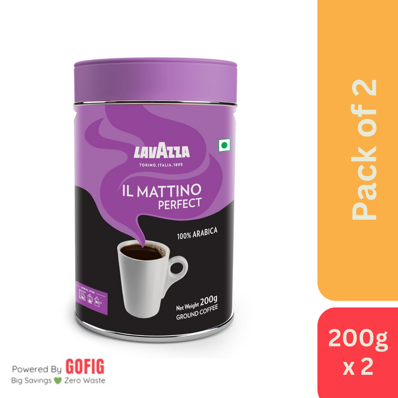 Lavazza Mattino Perfect Pure Ground Coffee Premium Arabica Dark Roast 200g Tin - Pack of 2