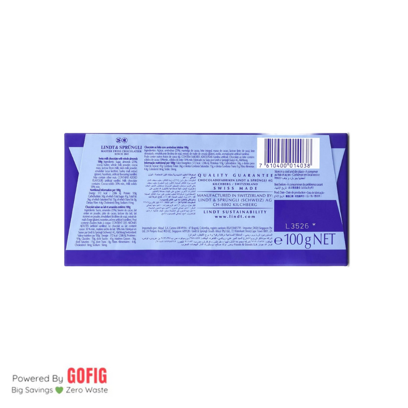 Lindt Swiss Classic Milk Chocolate with Roasted Almonds (100 g)