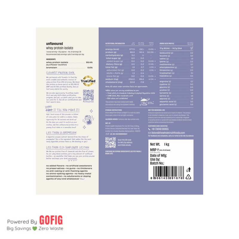 TWT Unflavoured Isolate Protein Powder - 30G Protein (1000 g)