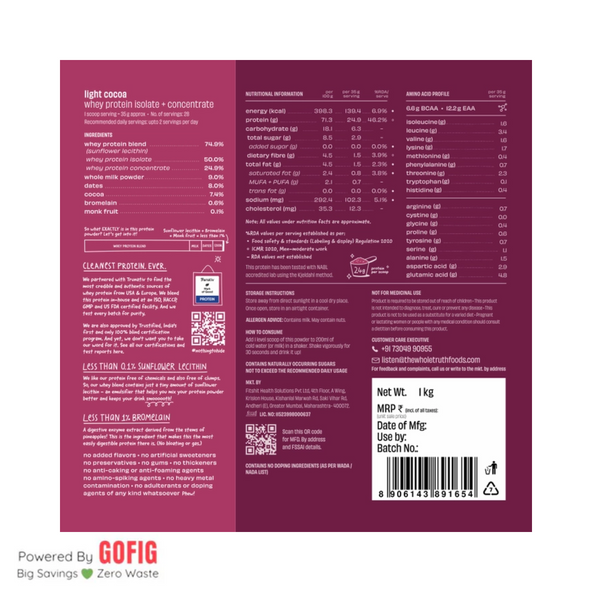 The Whole Truth Light Cocoa Protein Powder (24 g) Protein - (1000 g)