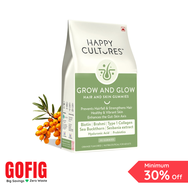 Happy Cultures Grow and Glow | Hair Fall Control & Skin Glow | Biotin, Hyaluronic acid & Collagen | 30 Gummies (110 g)