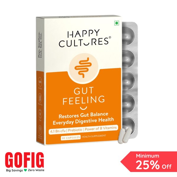 Happy Cultures Gut Feeling | For Daily Gut & Digestive Health | Blend of Pre+Probiotics+B-Vitamins | 30 capsules (50 g)