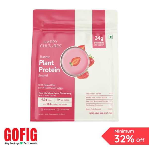 Happy Cultures Strawberry with Almond Plant Protein 24Gm Protein | Pea & Brown Rice Protein Pouch (500 g)