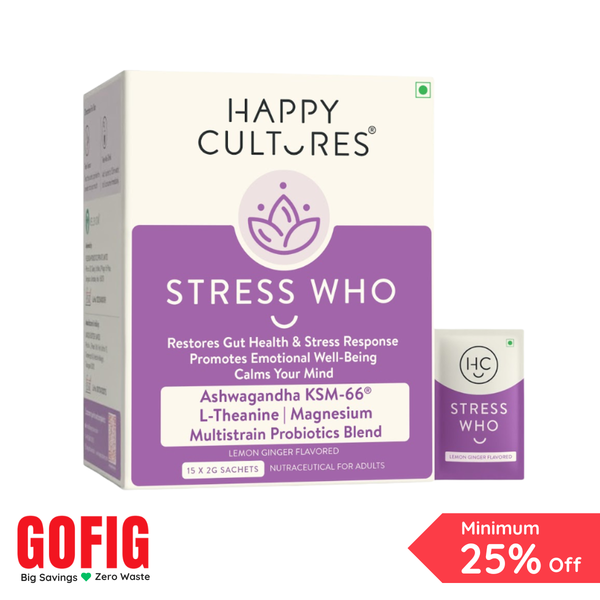Happy Cultures Stress Who | Stress Response & Sound Sleep | Ashwagandha KSM 66 & L-Theanine | 15 sachets (40 g)