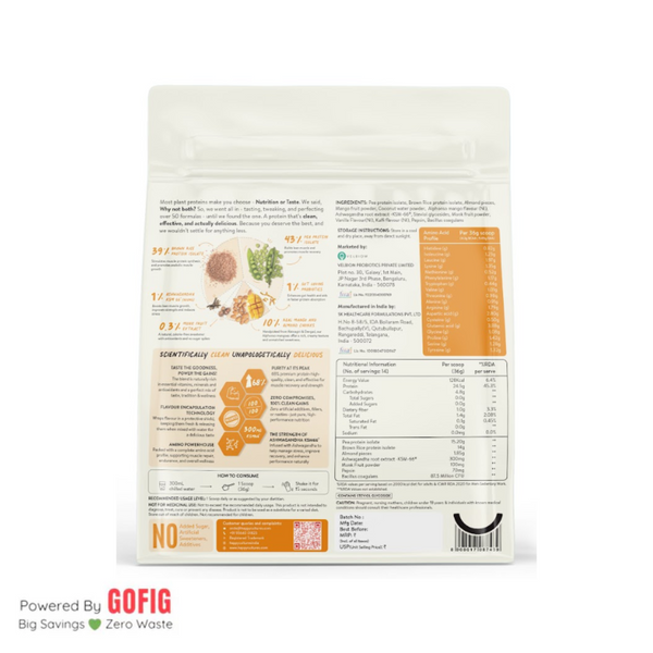 Happy Cultures Alphonso Mango Plant Protein 24Gm Protein | Pea & Brown Rice Protein, Ahswagandha KSM66 Pouch (500 g)