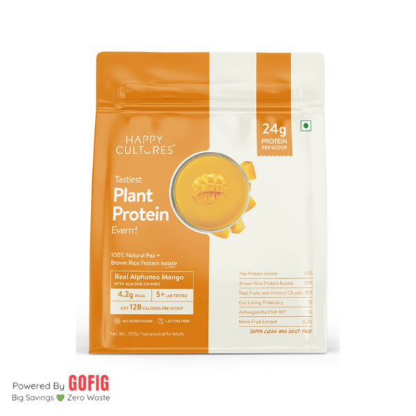 Happy Cultures Alphonso Mango Plant Protein 24Gm Protein | Pea & Brown Rice Protein, Ahswagandha KSM66 Pouch (500 g)