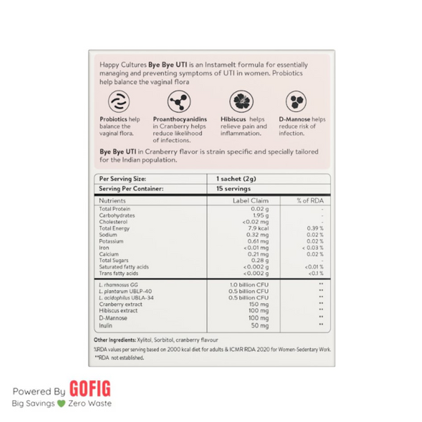 Happy Cultures Bye Bye UTI | Fast-Acting Relief & Prevention | D-Mannose, Cranberry  & Probiotics | 15 sachets (30 g)