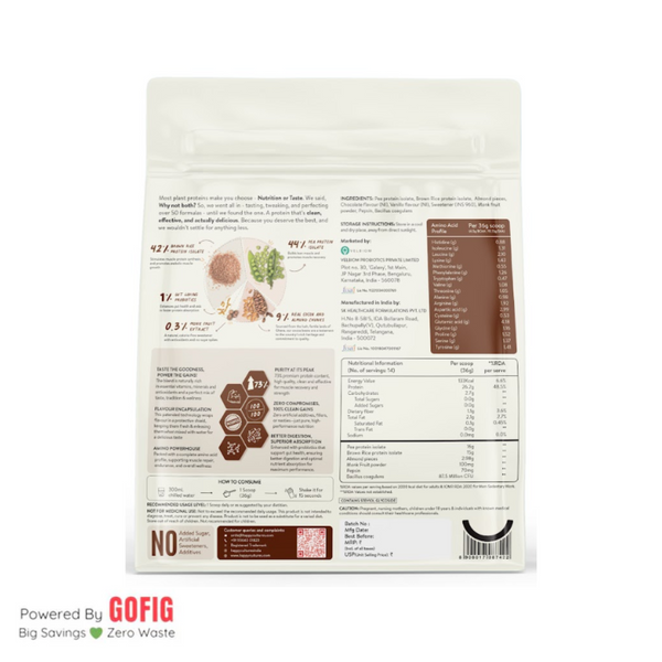 Happy Cultures Chocolate (Ghana Cocoa) Plant Protein 26Gm Protein | Pea & Brown Rice Protein Pouch (500 g)