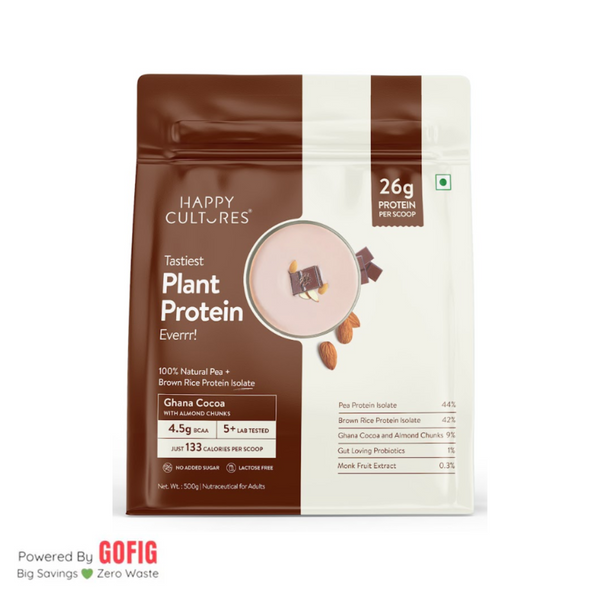 Happy Cultures Chocolate (Ghana Cocoa) Plant Protein 26Gm Protein | Pea & Brown Rice Protein Pouch (500 g)