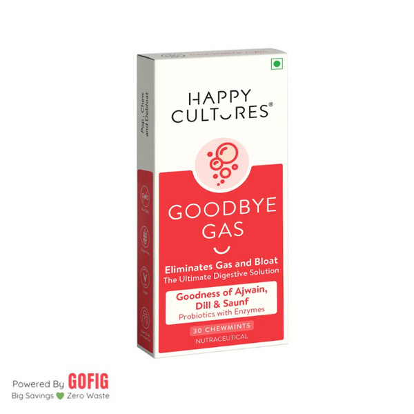 Happy Cultures Goodbye Gas | Helps in Gas & Bloating | Digestive enzymes,Probiotics, Ajwain and Saunf | 30 Chewmints (40 g)