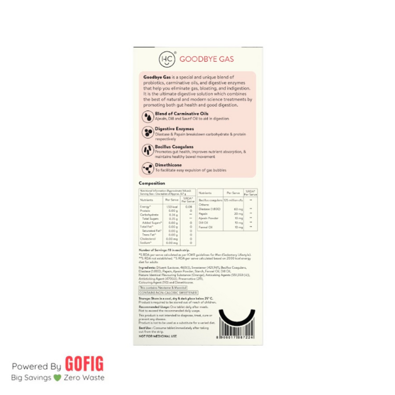 Happy Cultures Goodbye Gas | Helps in Gas & Bloating | Digestive enzymes,Probiotics, Ajwain and Saunf | 30 Chewmints (40 g)