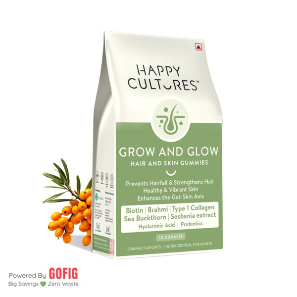 Happy Cultures Grow and Glow | Hair Fall Control & Skin Glow | Biotin, Hyaluronic acid & Collagen | 30 Gummies (110 g)