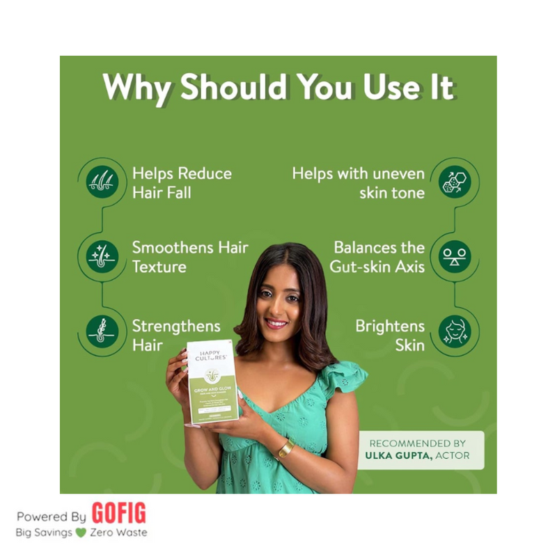 Happy Cultures Grow and Glow | Hair Fall Control & Skin Glow | Biotin, Hyaluronic acid & Collagen | 30 Gummies (110 g)