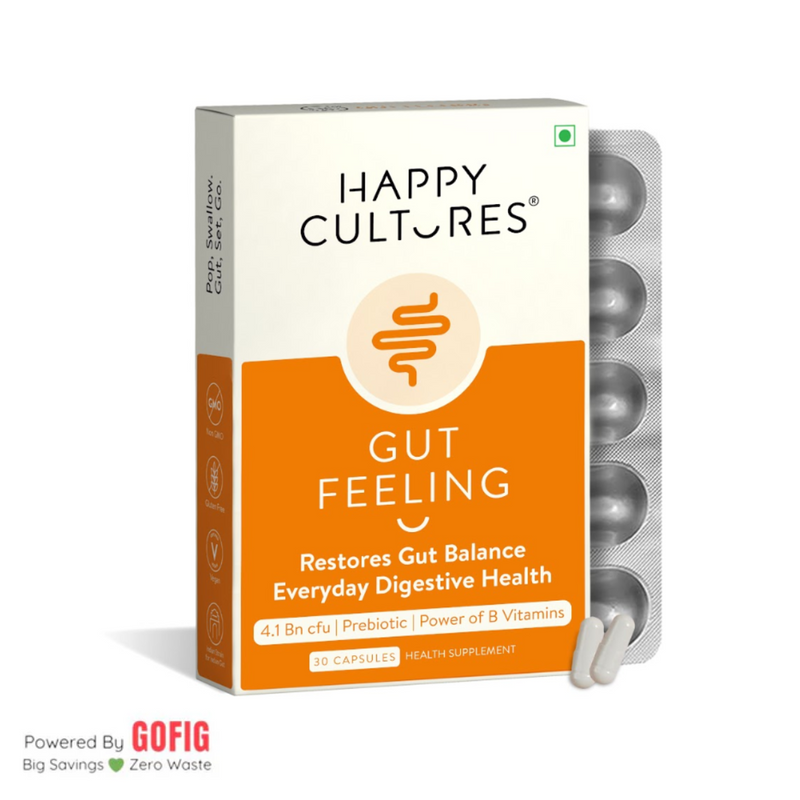 Happy Cultures Gut Feeling | For Daily Gut & Digestive Health | Blend of Pre+Probiotics+B-Vitamins | 30 capsules (50 g)