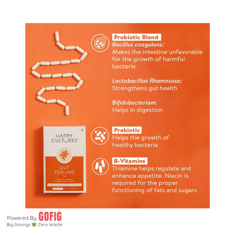 Happy Cultures Gut Feeling | For Daily Gut & Digestive Health | Blend of Pre+Probiotics+B-Vitamins | 30 capsules (50 g)