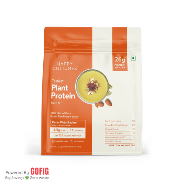 Happy Cultures Kesar Badam Pista Plant Protein 26Gm Protein | Pea & Brown Rice Protein, Ashwagandha KSM66 Pouch (500 g)