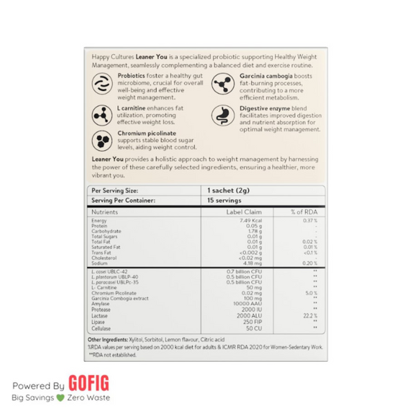 Happy Cultures Leaner You | Weight Management | Probiotics & L-Carnitine | Boosts Metabolism & Burns Fat 15 sachets (40 g)