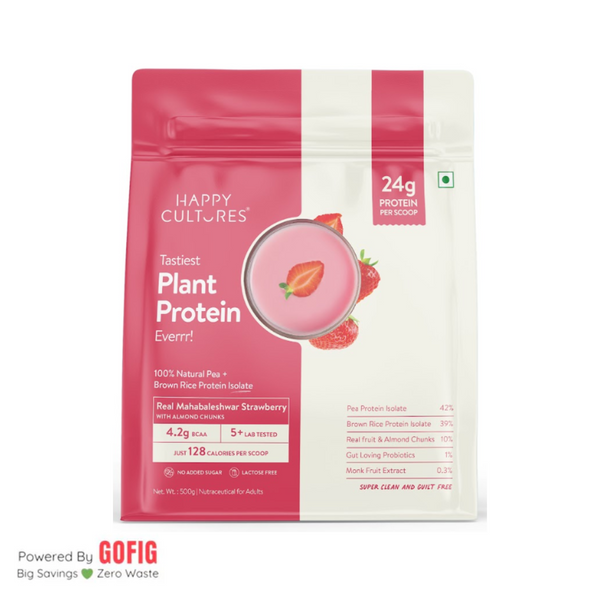 Happy Cultures Strawberry with Almond Plant Protein 24Gm Protein | Pea & Brown Rice Protein Pouch (500 g)