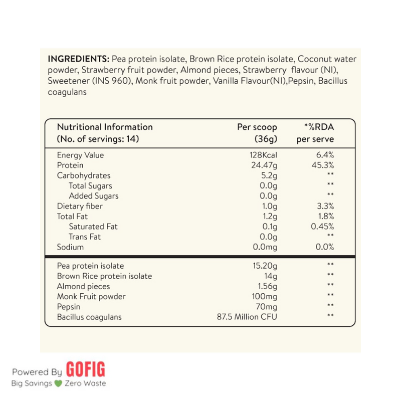 Happy Cultures Strawberry with Almond Plant Protein 24Gm Protein | Pea & Brown Rice Protein Pouch (500 g)
