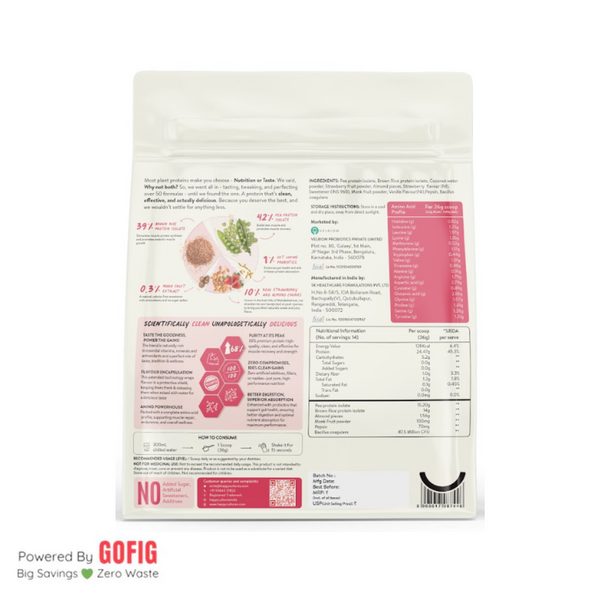 Happy Cultures Strawberry with Almond Plant Protein 24Gm Protein | Pea & Brown Rice Protein Pouch (500 g)