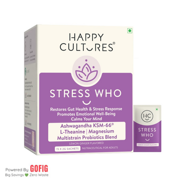 Happy Cultures Stress Who | Stress Response & Sound Sleep | Ashwagandha KSM 66 & L-Theanine | 15 sachets (40 g)
