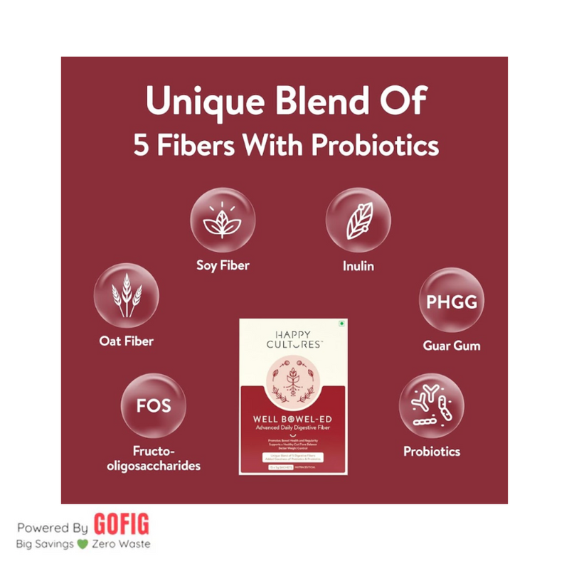 Happy Cultures Well Bowel-Ed | 5 Digestive Fiber+Probiotics | Gut Health, Constipation, Weight Control | 15 sachets (80 g)