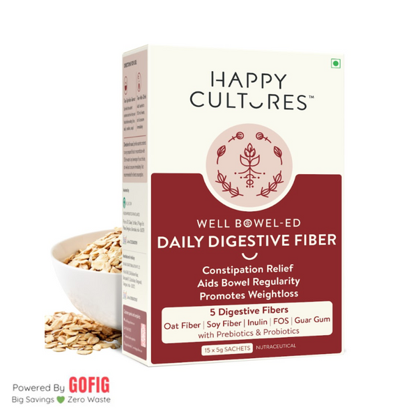 Happy Cultures Well Bowel-Ed | 5 Digestive Fiber+Probiotics | Gut Health, Constipation, Weight Control | 15 sachets (80 g)