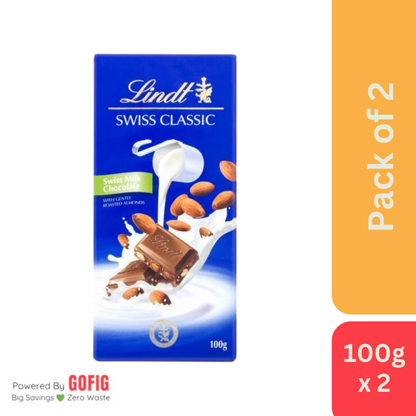 Lindt Swiss Milk Chocolate with Roasted Almonds (100 g) - Pack of 2